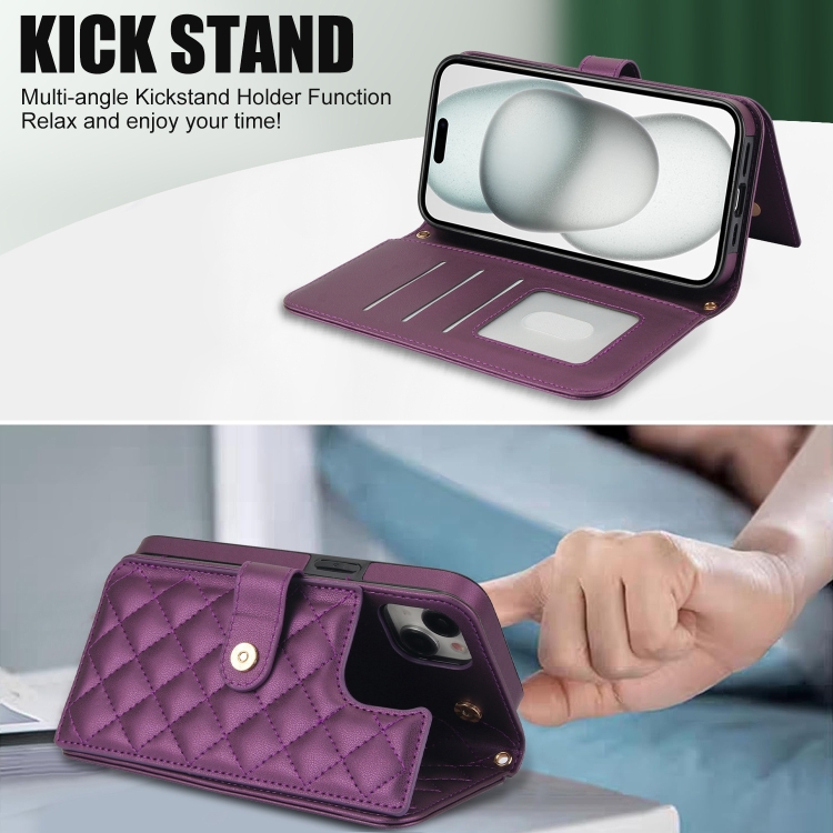 For iPhone 14 / 13 Crossbody Multifunction Rhombic Leather Phone Case(Dark Purple) - 5