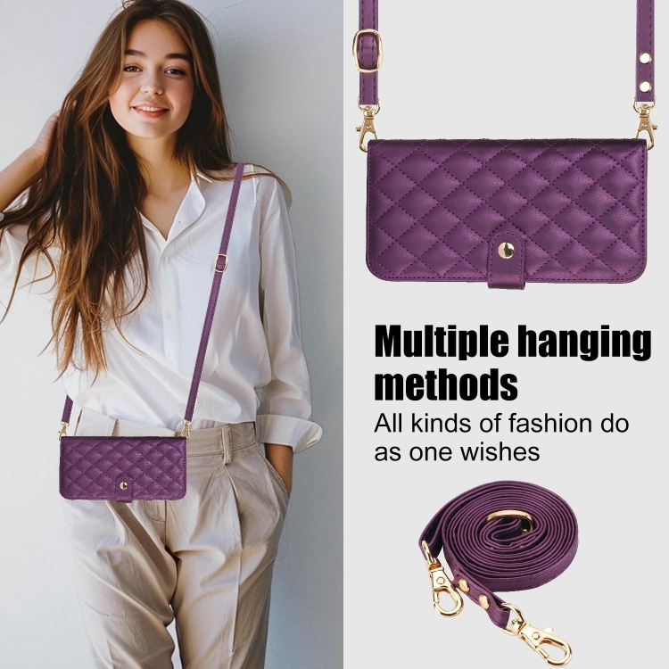 For iPhone 14 / 13 Crossbody Multifunction Rhombic Leather Phone Case(Dark Purple) - 6