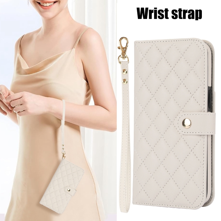 For iPhone 16 Pro Max Crossbody Multifunction Rhombic Leather Phone Case(White) For iPhone 16 Pro Max Crossbody Multifunction Rhombic Leather Phone Case(White)