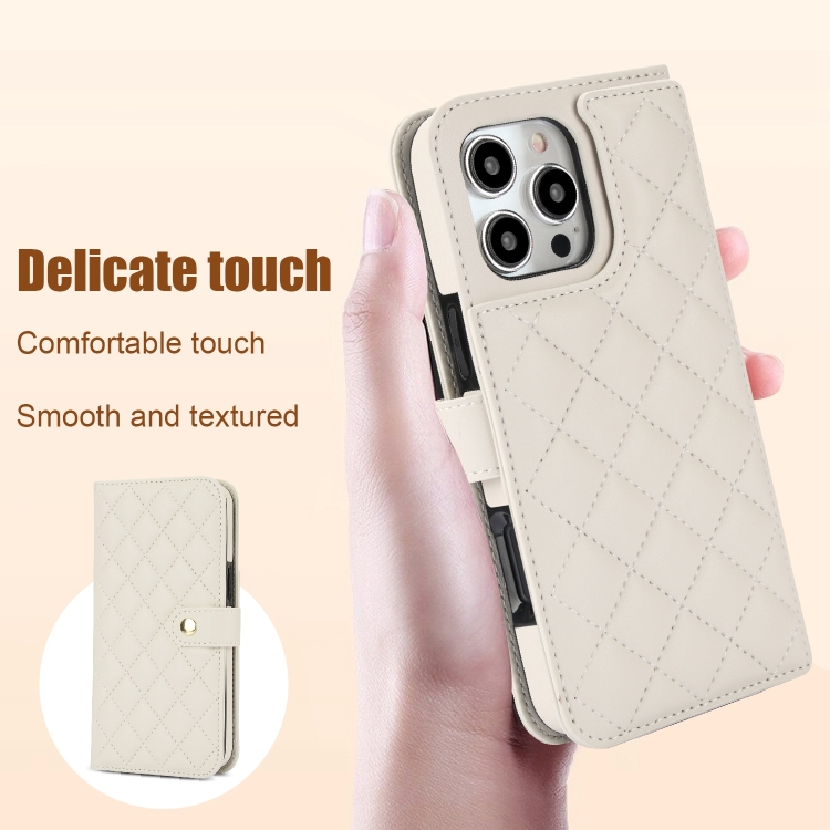 For iPhone 16 Pro Max Crossbody Multifunction Rhombic Leather Phone Case(White) For iPhone 16 Pro Max Crossbody Multifunction Rhombic Leather Phone Case(White)