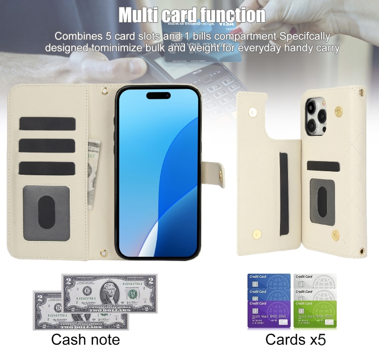 For iPhone 16 Pro Max Crossbody Multifunction Rhombic Leather Phone Case(White) For iPhone 16 Pro Max Crossbody Multifunction Rhombic Leather Phone Case(White)