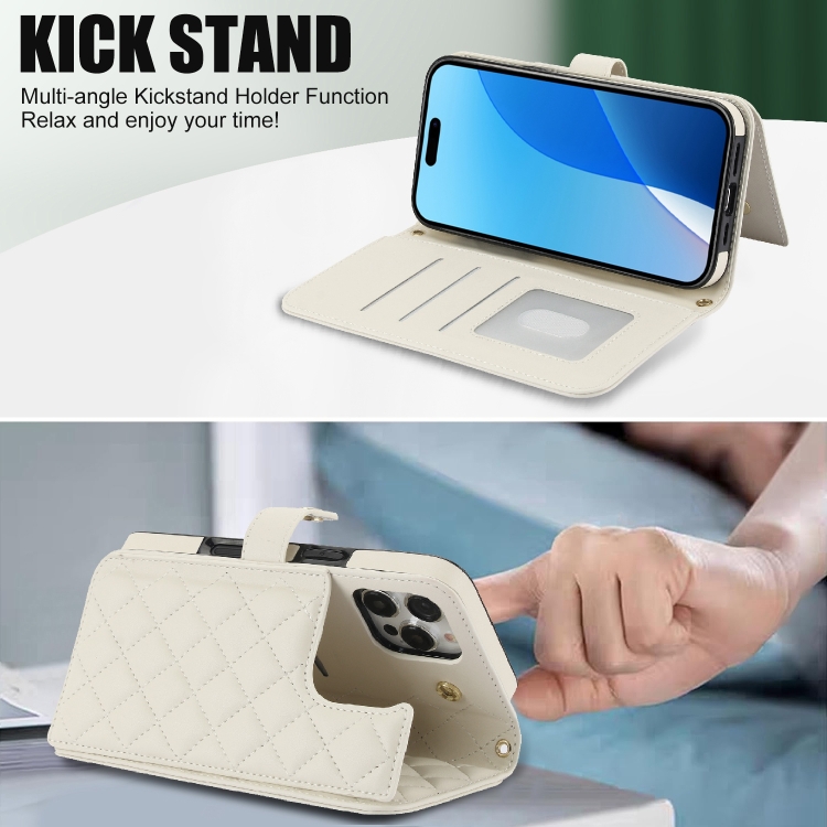 For iPhone 16 Pro Max Crossbody Multifunction Rhombic Leather Phone Case(White) For iPhone 16 Pro Max Crossbody Multifunction Rhombic Leather Phone Case(White)