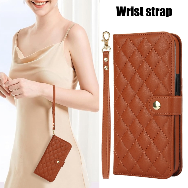 For iPhone 16 Plus Crossbody Multifunction Rhombic Leather Phone Case(Brown) For iPhone 16 Plus Crossbody Multifunction Rhombic Leather Phone Case(Brown)