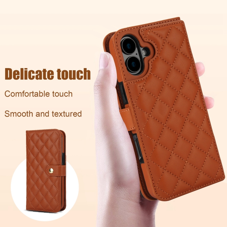 For iPhone 16 Plus Crossbody Multifunction Rhombic Leather Phone Case(Brown) For iPhone 16 Plus Crossbody Multifunction Rhombic Leather Phone Case(Brown)
