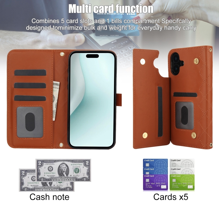 For iPhone 16 Plus Crossbody Multifunction Rhombic Leather Phone Case(Brown) For iPhone 16 Plus Crossbody Multifunction Rhombic Leather Phone Case(Brown)