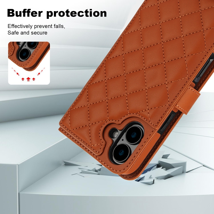 For iPhone 16 Plus Crossbody Multifunction Rhombic Leather Phone Case(Brown) For iPhone 16 Plus Crossbody Multifunction Rhombic Leather Phone Case(Brown)