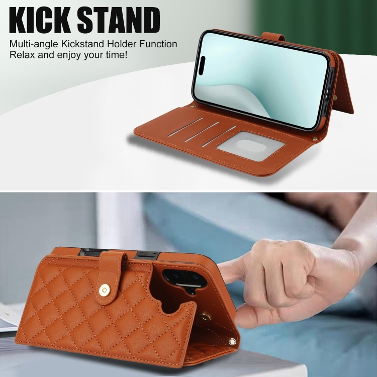 For iPhone 16 Plus Crossbody Multifunction Rhombic Leather Phone Case(Brown) For iPhone 16 Plus Crossbody Multifunction Rhombic Leather Phone Case(Brown)
