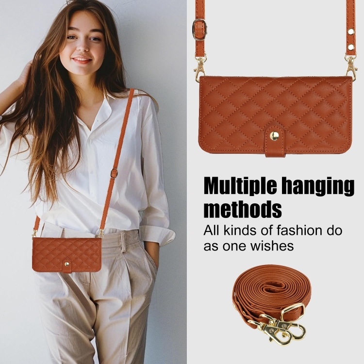 For iPhone 16 Plus Crossbody Multifunction Rhombic Leather Phone Case(Brown) For iPhone 16 Plus Crossbody Multifunction Rhombic Leather Phone Case(Brown)