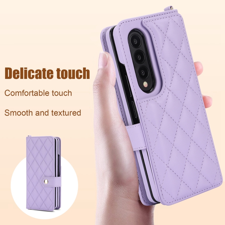 For Samsung Galaxy Z Fold4 Crossbody Multifunction Rhombic Leather Phone Case(Purple) For Samsung Galaxy Z Fold4 Crossbody Multifunction Rhombic Leather Phone Case(Purple)