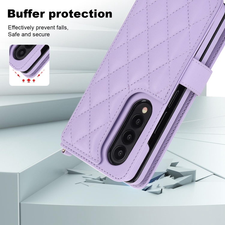 For Samsung Galaxy Z Fold4 Crossbody Multifunction Rhombic Leather Phone Case(Purple) For Samsung Galaxy Z Fold4 Crossbody Multifunction Rhombic Leather Phone Case(Purple)