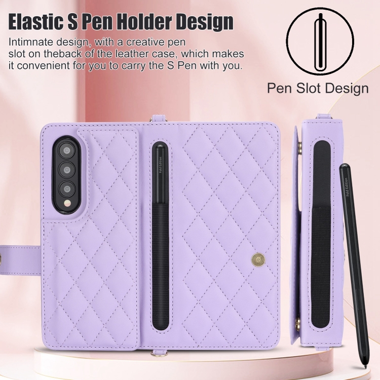For Samsung Galaxy Z Fold4 Crossbody Multifunction Rhombic Leather Phone Case(Purple) For Samsung Galaxy Z Fold4 Crossbody Multifunction Rhombic Leather Phone Case(Purple)