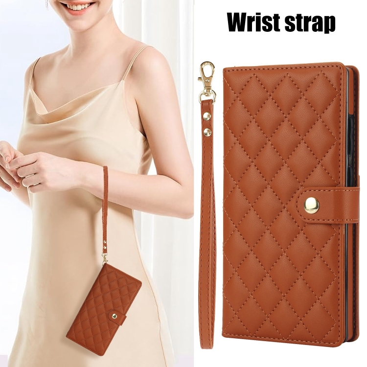 For Samsung Galaxy S23 Ultra 5G Crossbody Multifunction Rhombic Leather Phone Case(Brown)
