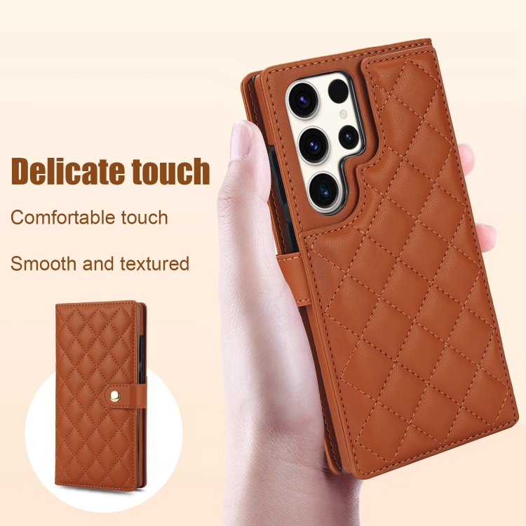 For Samsung Galaxy S23 Ultra 5G Crossbody Multifunction Rhombic Leather Phone Case(Brown)