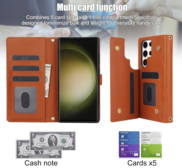 For Samsung Galaxy S23 Ultra 5G Crossbody Multifunction Rhombic Leather Phone Case(Brown)