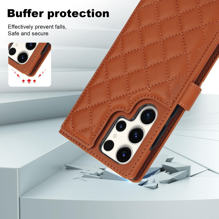 For Samsung Galaxy S23 Ultra 5G Crossbody Multifunction Rhombic Leather Phone Case(Brown)