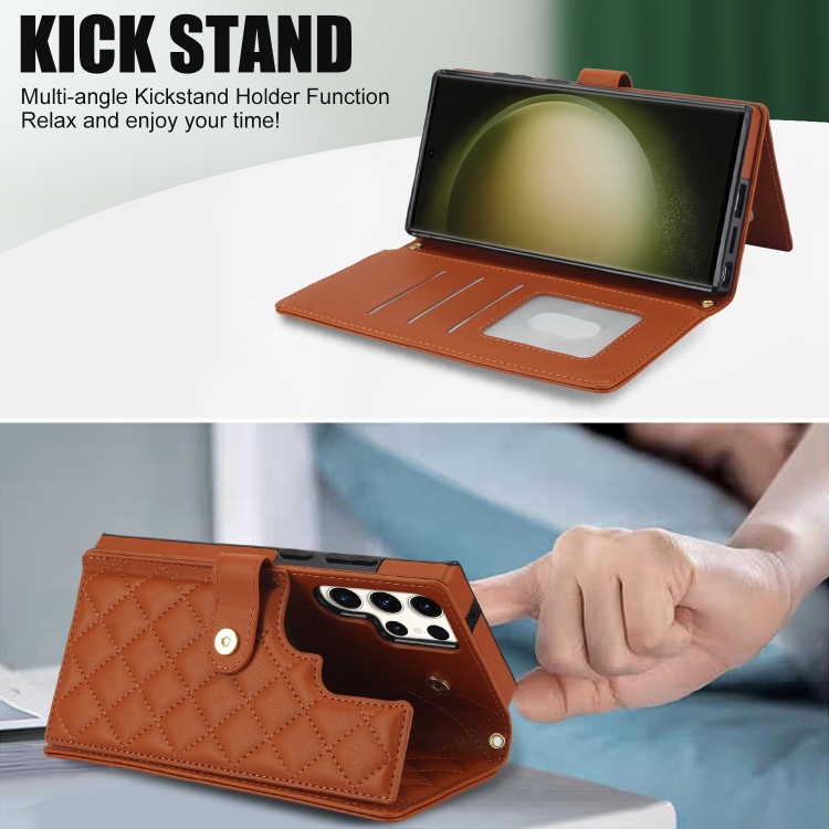 For Samsung Galaxy S23 Ultra 5G Crossbody Multifunction Rhombic Leather Phone Case(Brown)