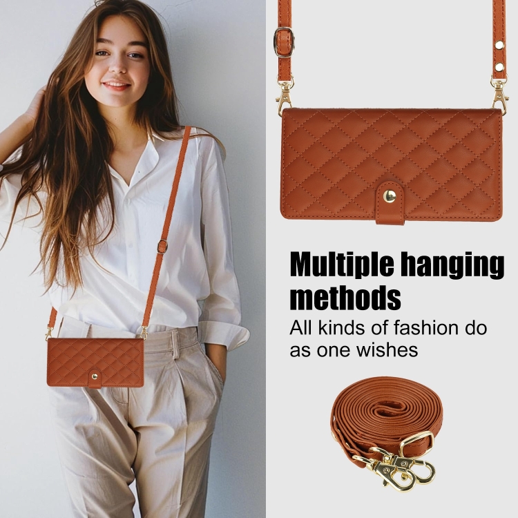 For Samsung Galaxy S23 Ultra 5G Crossbody Multifunction Rhombic Leather Phone Case(Brown)