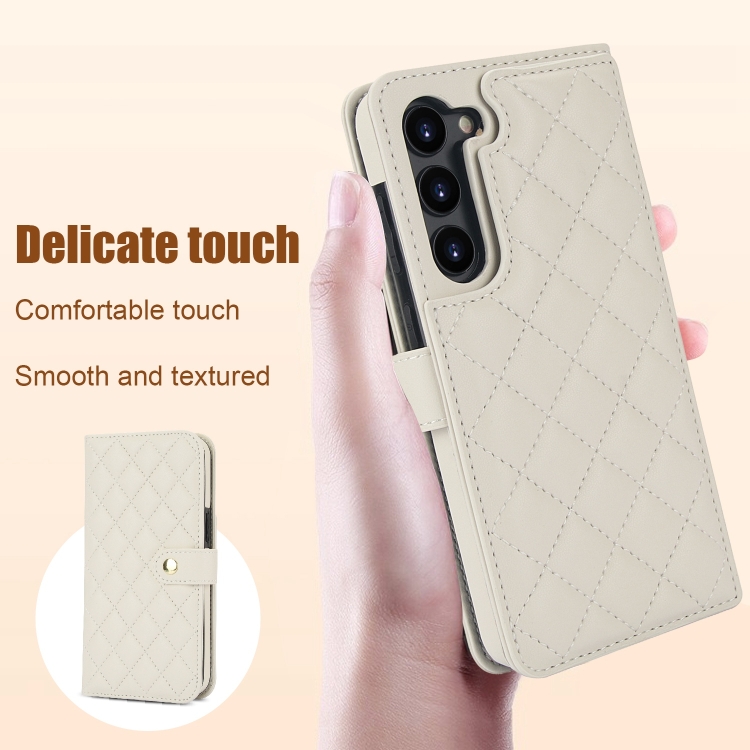 For Samsung Galaxy S23+ 5G Crossbody Multifunction Rhombic Leather Phone Case(White) For Samsung Galaxy S23+ 5G Crossbody Multifunction Rhombic Leather Phone Case(White)