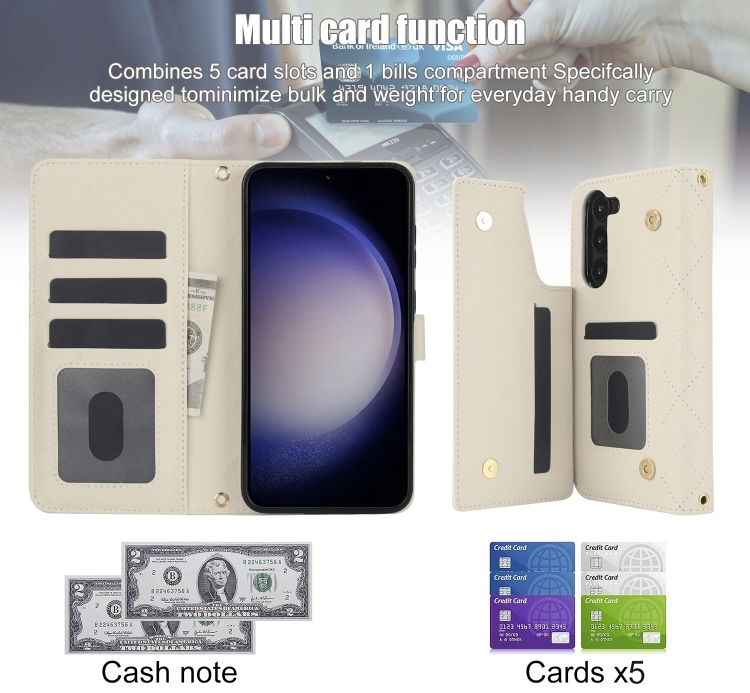 For Samsung Galaxy S23+ 5G Crossbody Multifunction Rhombic Leather Phone Case(White) For Samsung Galaxy S23+ 5G Crossbody Multifunction Rhombic Leather Phone Case(White)