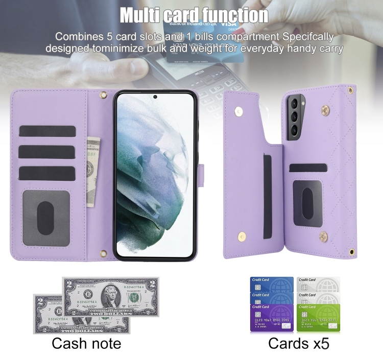 For Samsung Galaxy S22+ 5G Crossbody Multifunction Rhombic Leather Phone Case(Purple) For Samsung Galaxy S22+ 5G Crossbody Multifunction Rhombic Leather Phone Case(Purple)