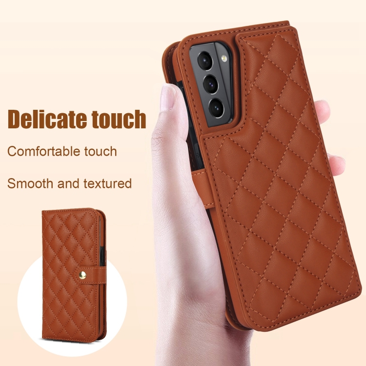 For Samsung Galaxy S22 5G Crossbody Multifunction Rhombic Leather Phone Case(Brown) For Samsung Galaxy S22 5G Crossbody Multifunction Rhombic Leather Phone Case(Brown)