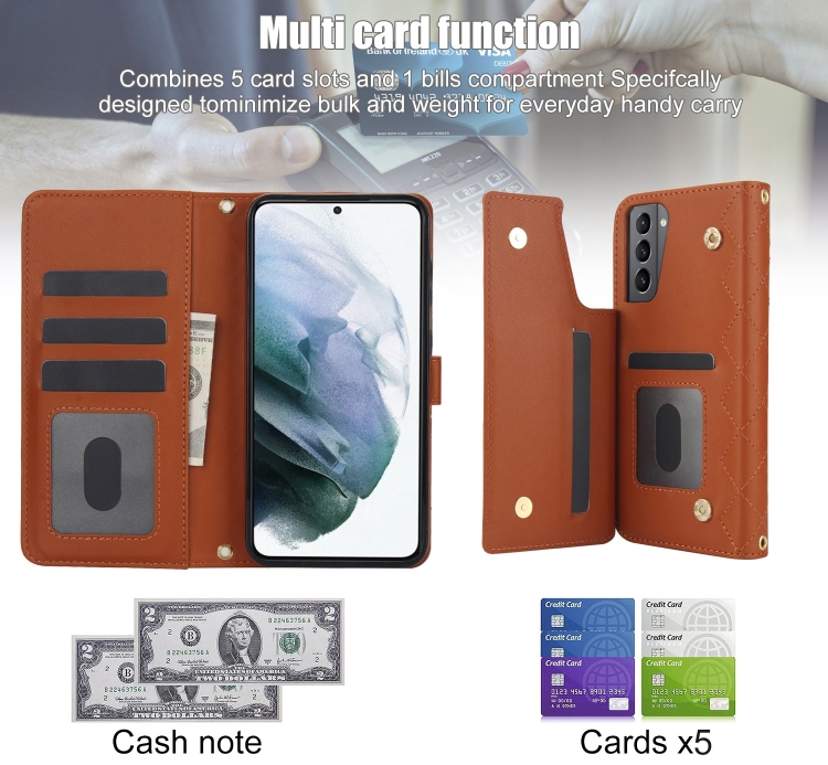 For Samsung Galaxy S22 5G Crossbody Multifunction Rhombic Leather Phone Case(Brown) For Samsung Galaxy S22 5G Crossbody Multifunction Rhombic Leather Phone Case(Brown)