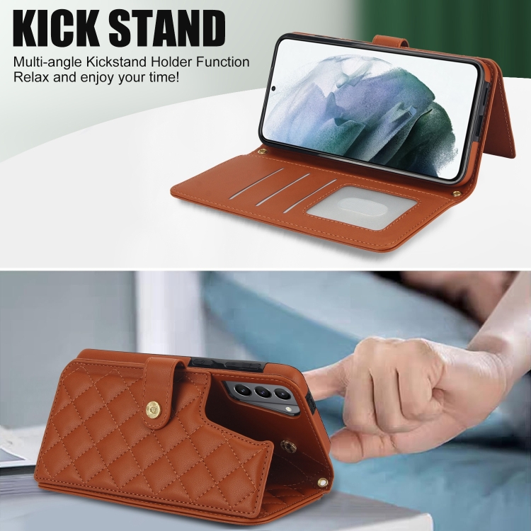For Samsung Galaxy S22 5G Crossbody Multifunction Rhombic Leather Phone Case(Brown) For Samsung Galaxy S22 5G Crossbody Multifunction Rhombic Leather Phone Case(Brown)