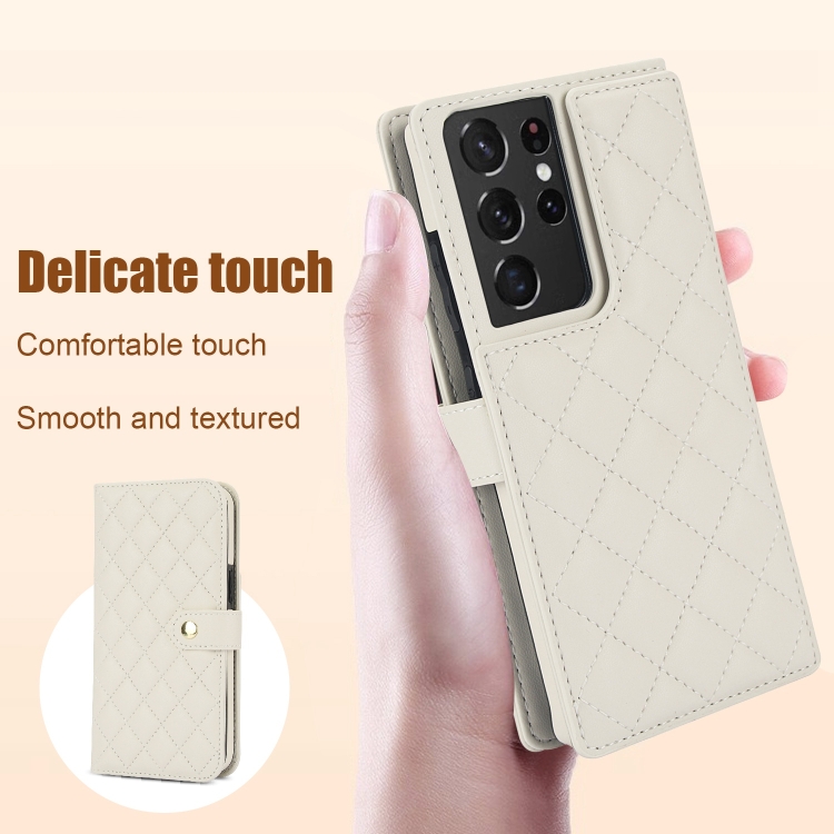 For Samsung Galaxy S21 Ultra 5G Crossbody Multifunction Rhombic Leather Phone Case(White) For Samsung Galaxy S21 Ultra 5G Crossbody Multifunction Rhombic Leather Phone Case(White)