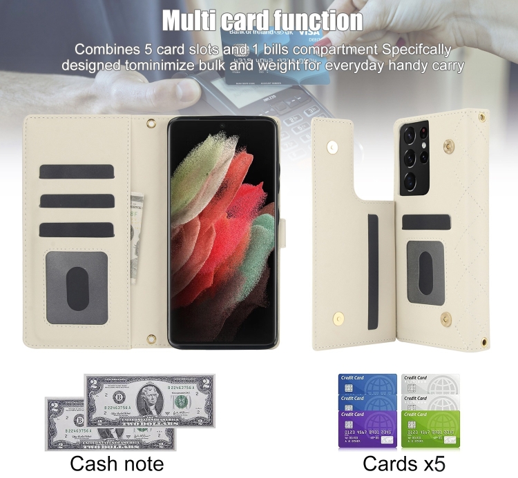 For Samsung Galaxy S21 Ultra 5G Crossbody Multifunction Rhombic Leather Phone Case(White) For Samsung Galaxy S21 Ultra 5G Crossbody Multifunction Rhombic Leather Phone Case(White)