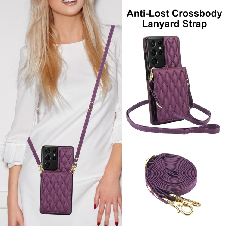 For Samsung Galaxy S21 Ultra 5G YM015 Crossbody Rhombic Card Bag RFID Phone Case(Dark Purple) For Samsung Galaxy S21 Ultra 5G YM015 Crossbody Rhombic Card Bag RFID Phone Case(Dark Purple)