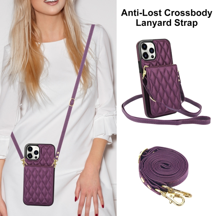 For iPhone 15 Pro Max YM015 Crossbody Rhombic Card Bag RFID Phone Case(Dark Purple)