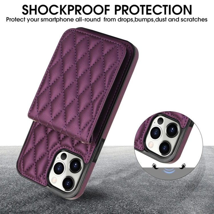 For iPhone 15 Pro Max YM015 Crossbody Rhombic Card Bag RFID Phone Case(Dark Purple)