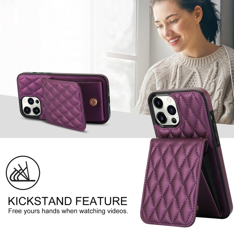 For iPhone 15 Pro Max YM015 Crossbody Rhombic Card Bag RFID Phone Case(Dark Purple)