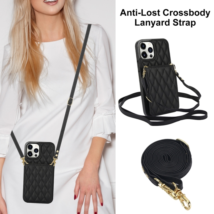 For iPhone 15 YM015 Crossbody Rhombic Card Bag RFID Phone Case(Black)