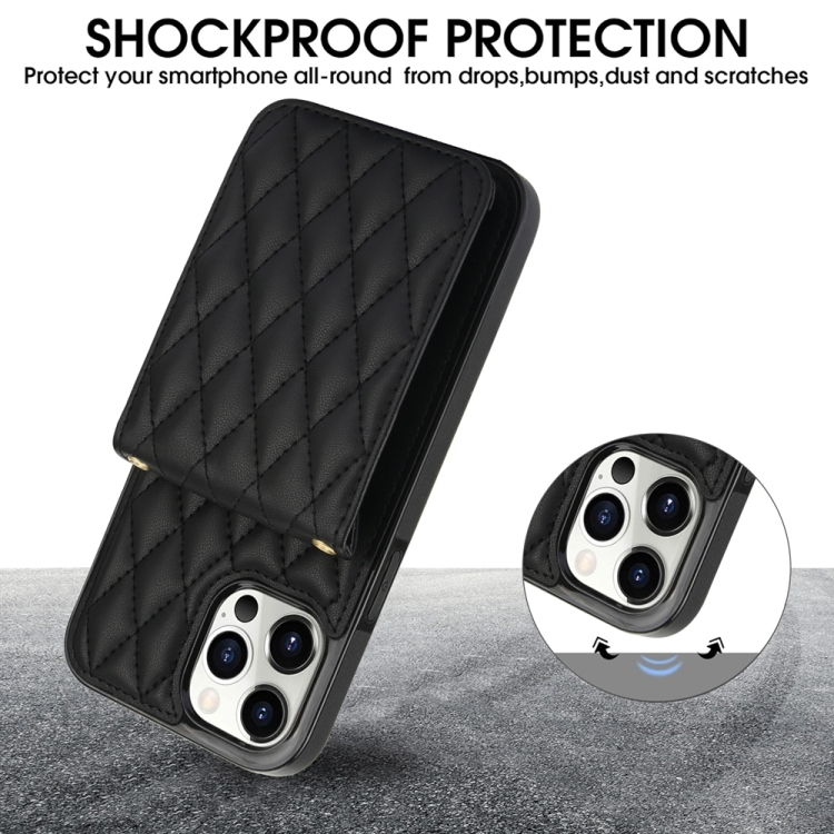 For iPhone 15 YM015 Crossbody Rhombic Card Bag RFID Phone Case(Black)