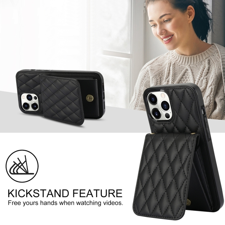 For iPhone 15 YM015 Crossbody Rhombic Card Bag RFID Phone Case(Black)