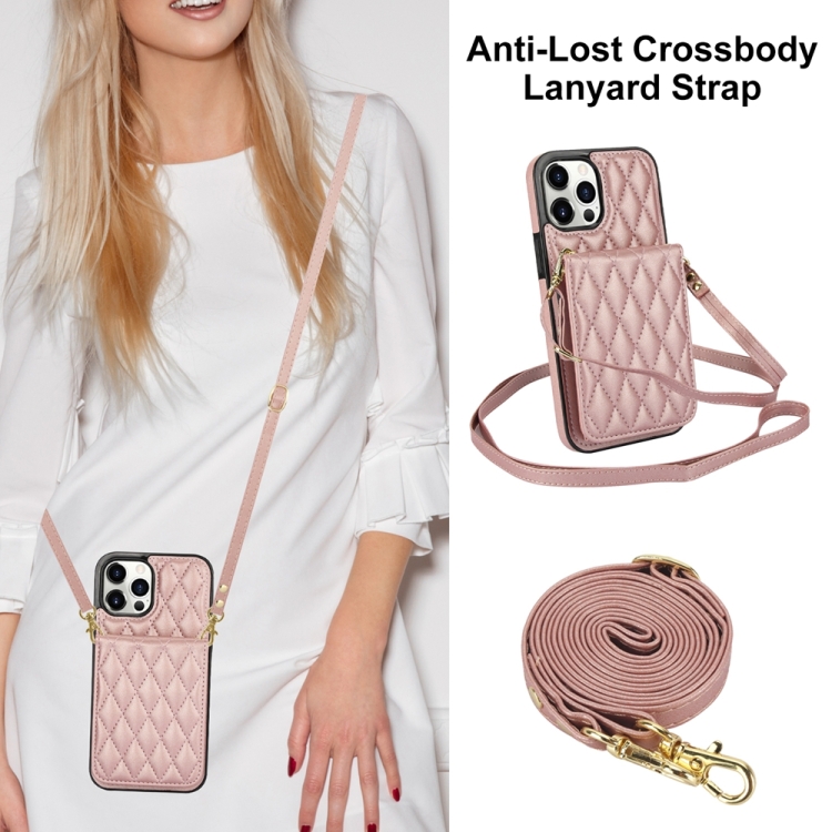 For iPhone 14 YM015 Crossbody Rhombic Card Bag RFID Phone Case(Rose Gold) - 1
