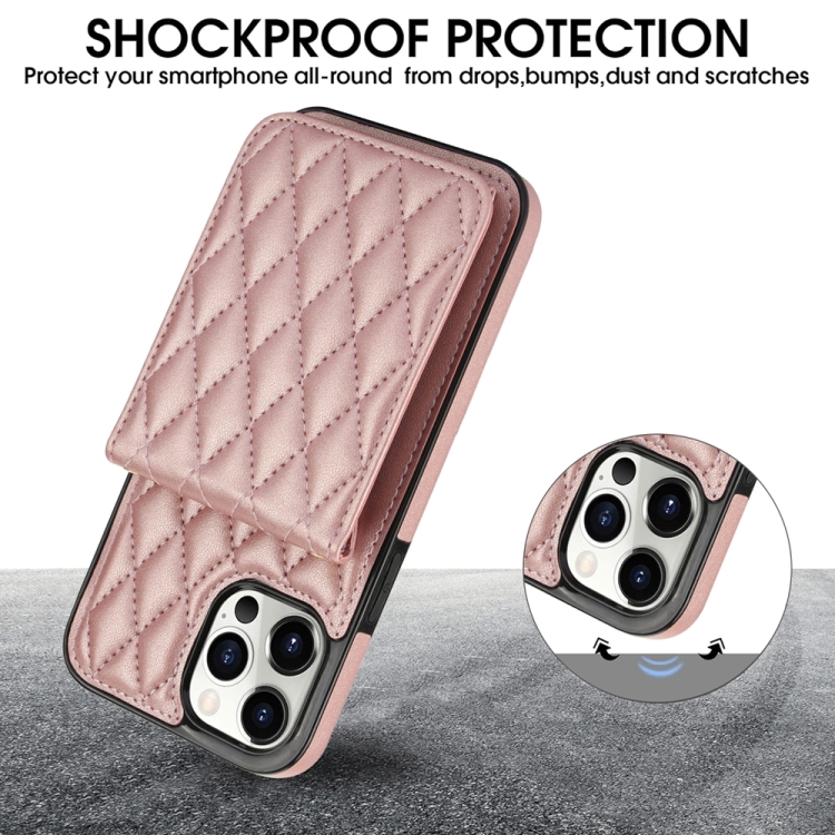 For iPhone 14 YM015 Crossbody Rhombic Card Bag RFID Phone Case(Rose Gold) - 2