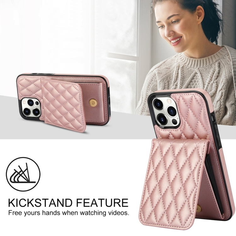 For iPhone 14 YM015 Crossbody Rhombic Card Bag RFID Phone Case(Rose Gold) - 4