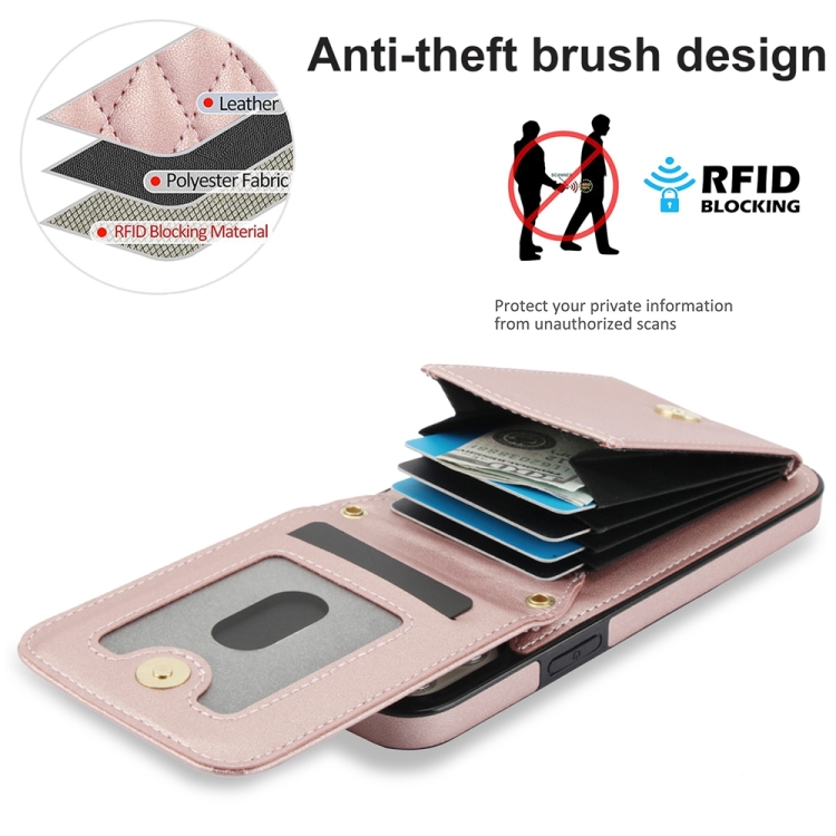 For iPhone 14 YM015 Crossbody Rhombic Card Bag RFID Phone Case(Rose Gold) - 5