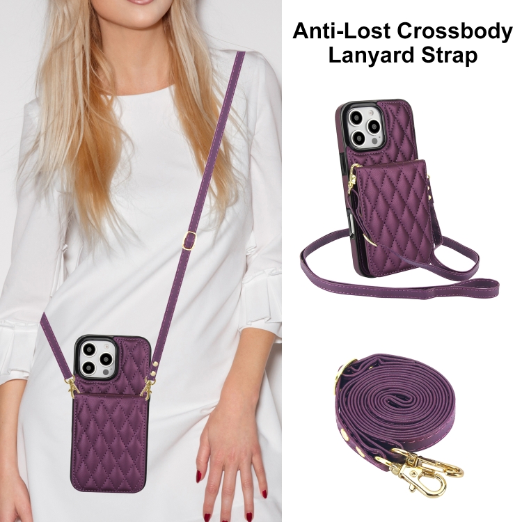 For iPhone 16 Pro YM015 Crossbody Rhombic Card Bag RFID Phone Case(Dark Purple) For iPhone 16 Pro YM015 Crossbody Rhombic Card Bag RFID Phone Case(Dark Purple)