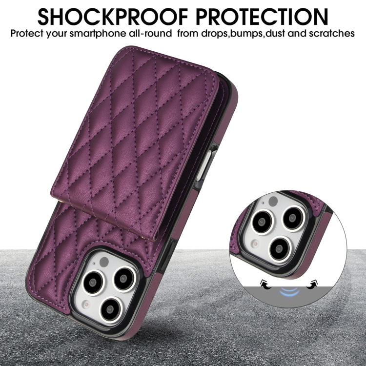 For iPhone 16 Pro YM015 Crossbody Rhombic Card Bag RFID Phone Case(Dark Purple) For iPhone 16 Pro YM015 Crossbody Rhombic Card Bag RFID Phone Case(Dark Purple)
