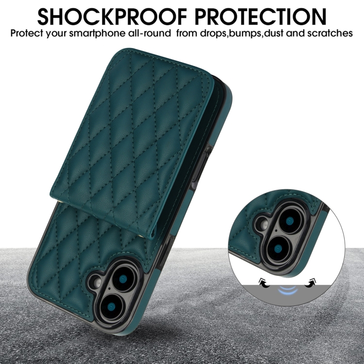 For iPhone 16 YM015 Crossbody Rhombic Card Bag RFID Phone Case(Green) For iPhone 16 YM015 Crossbody Rhombic Card Bag RFID Phone Case(Green)