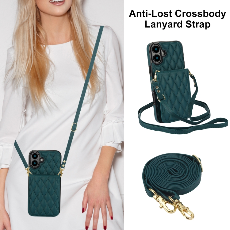 For iPhone 16 YM015 Crossbody Rhombic Card Bag RFID Phone Case(Green) For iPhone 16 YM015 Crossbody Rhombic Card Bag RFID Phone Case(Green)