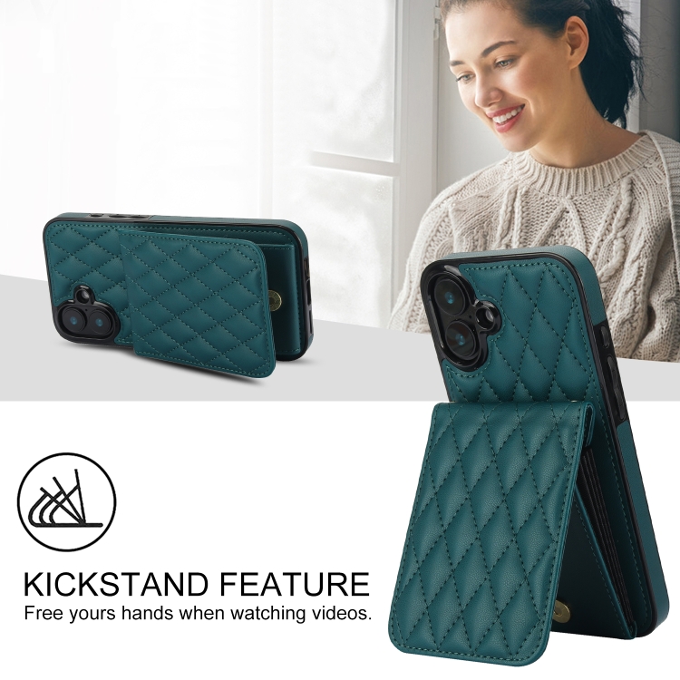 For iPhone 16 YM015 Crossbody Rhombic Card Bag RFID Phone Case(Green) For iPhone 16 YM015 Crossbody Rhombic Card Bag RFID Phone Case(Green)