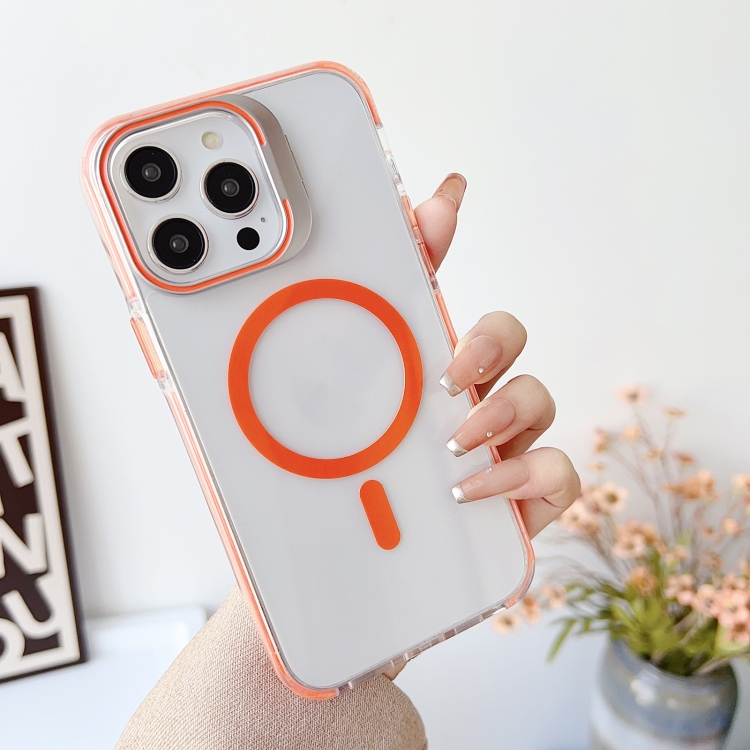 For iPhone 12/12 Pro J2 High Transparent MagSafe Magnetic Frame Holder Phone Case(Orange) For iPhone 12/12 Pro J2 High Transparent MagSafe Magnetic Frame Holder Phone Case(Orange)