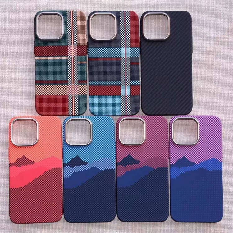 For iPhone 13 Pro Max Kevlar Carbon Fiber Texture MagSafe Magnetic Phone Case(Red Blue Checkered) - B1