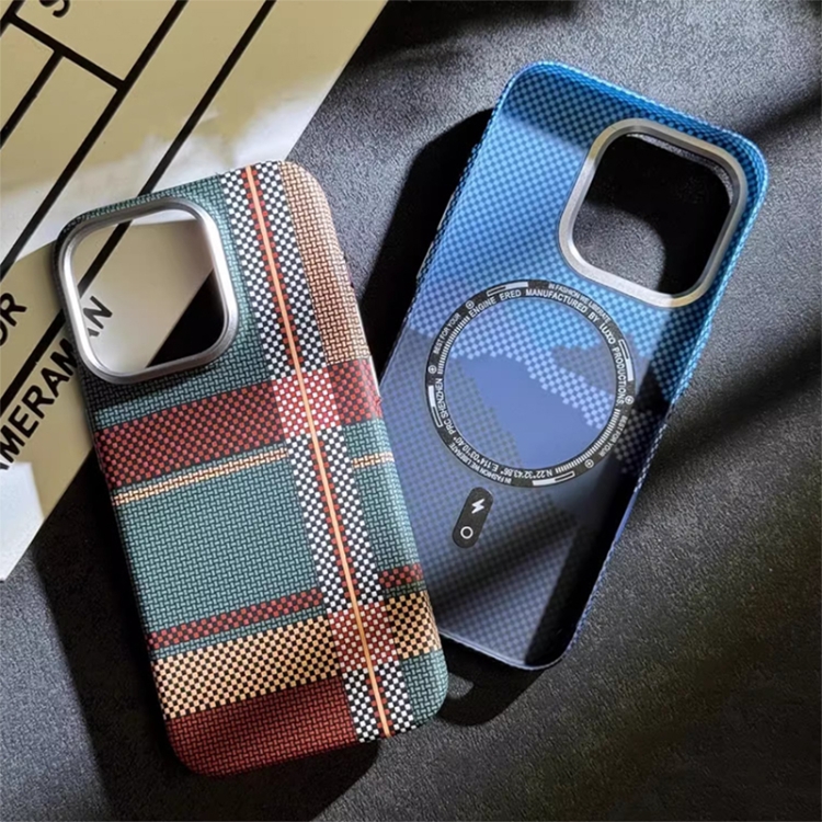 For iPhone 13 Pro Max Kevlar Carbon Fiber Texture MagSafe Magnetic Phone Case(Red Blue Checkered) - B2