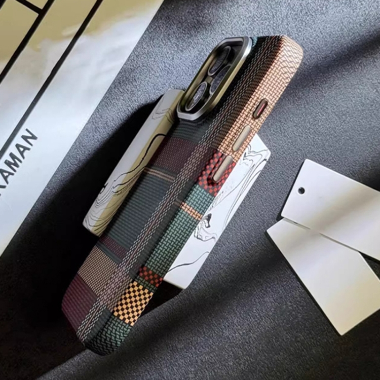 For iPhone 13 Pro Max Kevlar Carbon Fiber Texture MagSafe Magnetic Phone Case(Red Blue Checkered) - B3