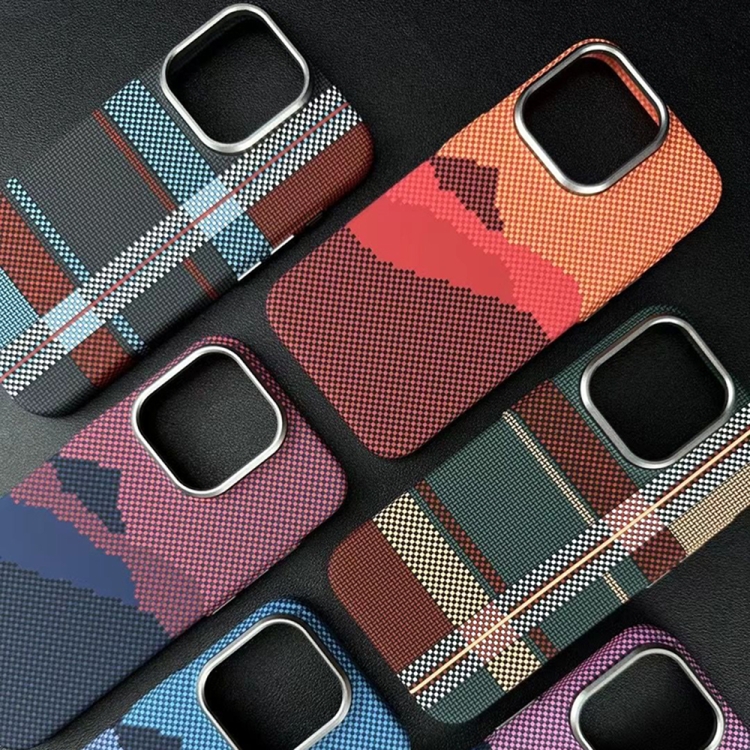 For iPhone 13 Pro Max Kevlar Carbon Fiber Texture MagSafe Magnetic Phone Case(Red Blue Checkered) - B4